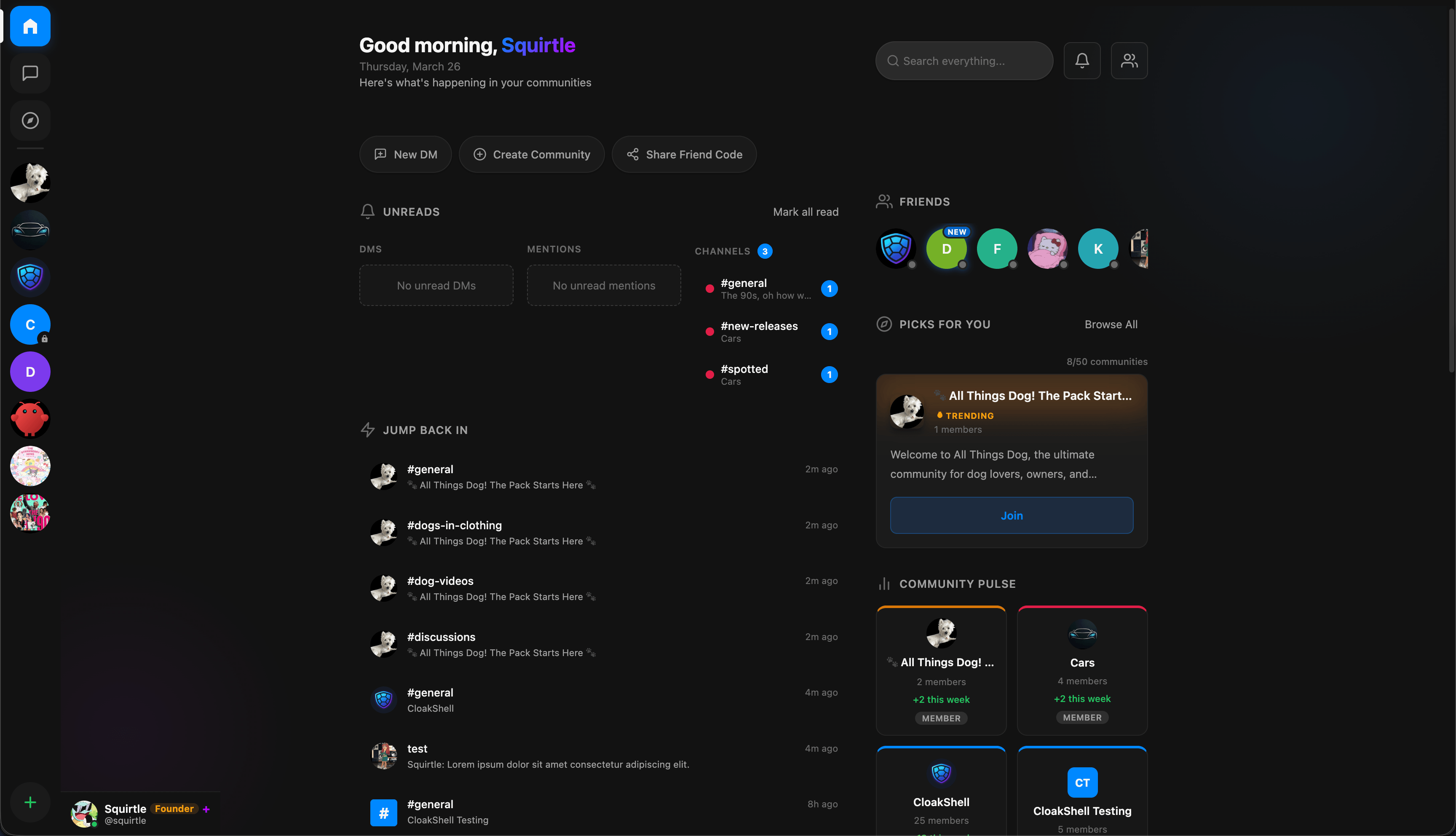 CloakShell dashboard showing personalized home feed with communities, channels, and friends